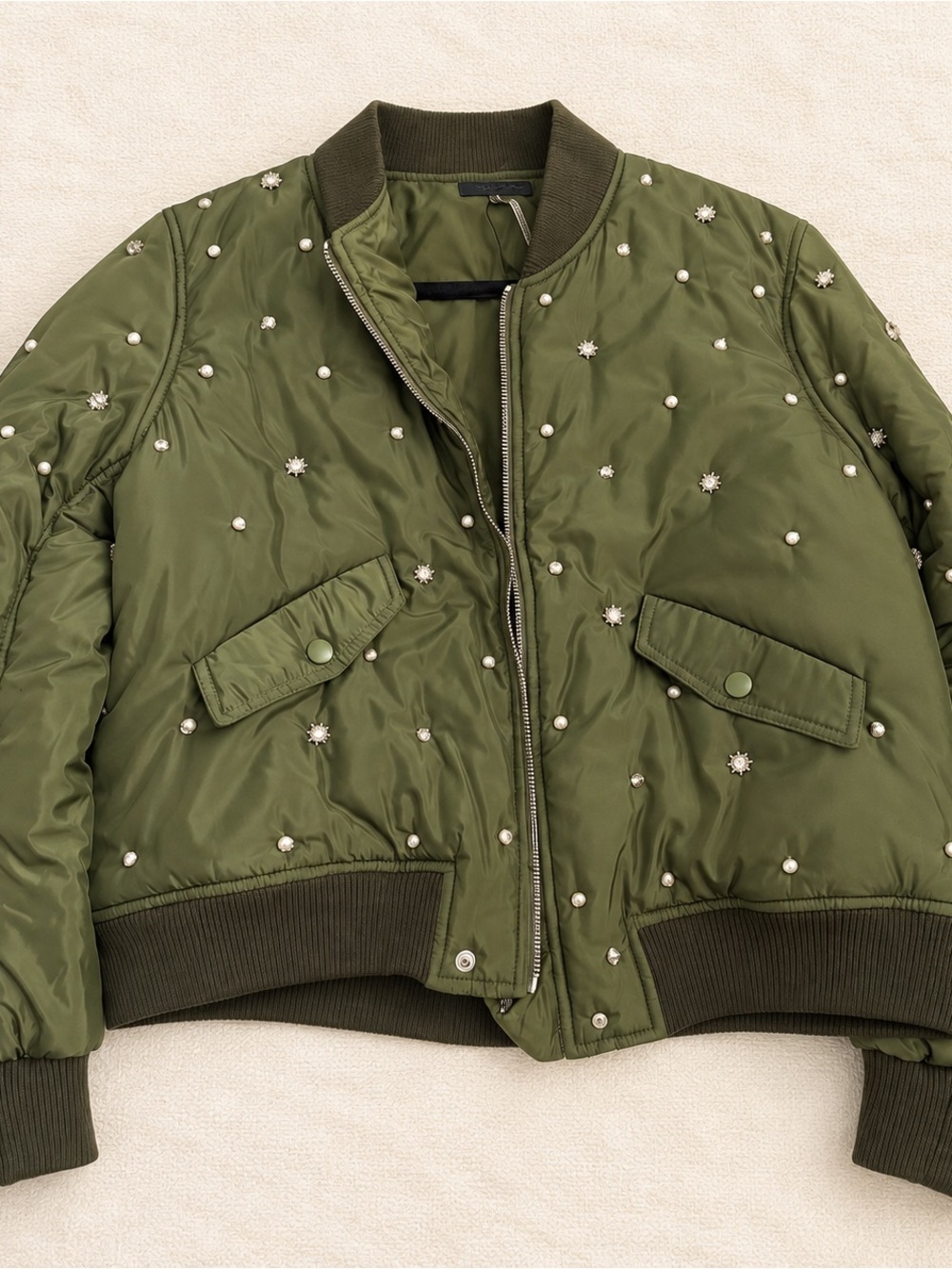 GRACIA olive green embellished bomber jacket